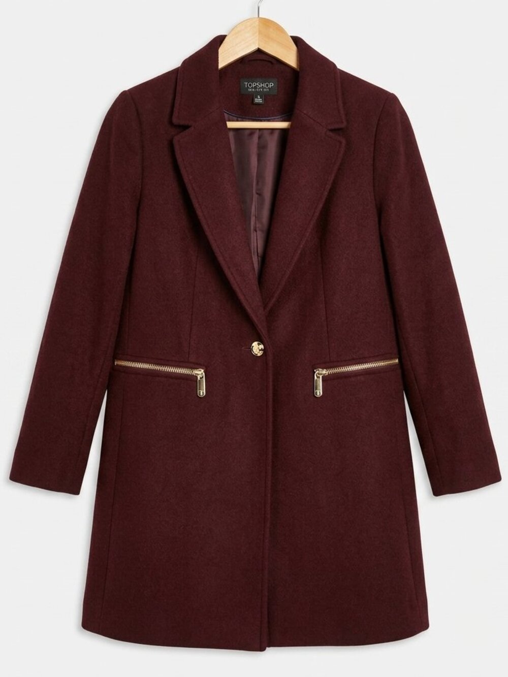 Topshop Petite Burgundy Brown Gold Zipper Pockets Wool Blend Coat - Size 10